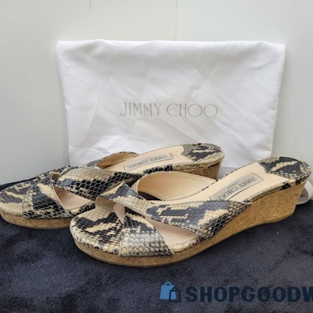 Jimmy Choo PRIMA Snakeskin Cork Wedge Platform Sandals - EU 40.5 / US 10